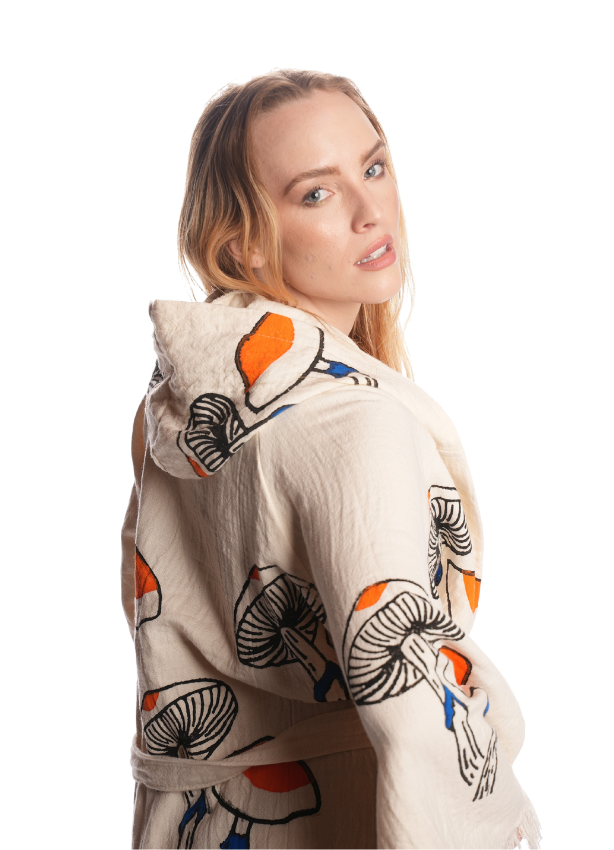 Back view of Mushroom Kimono featuring the handwoven reversible mushroom motif — unisex, breathable, eco-friendly Turkish cotton.