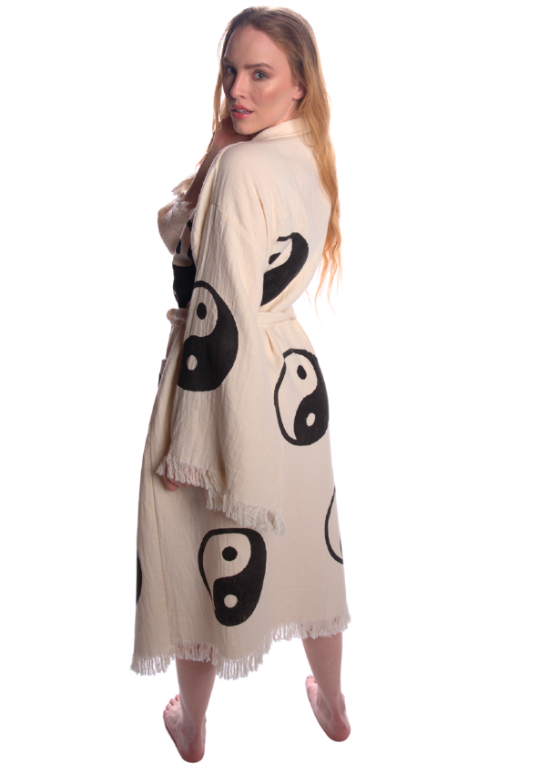 Back view of Yin Yang kimono with large woven yin yang symbol, organic cotton, black and white jacquard.