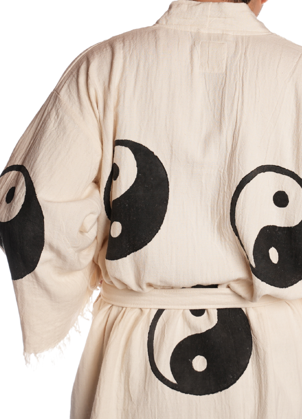 Back view of Yin Yang kimono with large woven yin yang symbol, organic cotton, black and white jacquard.