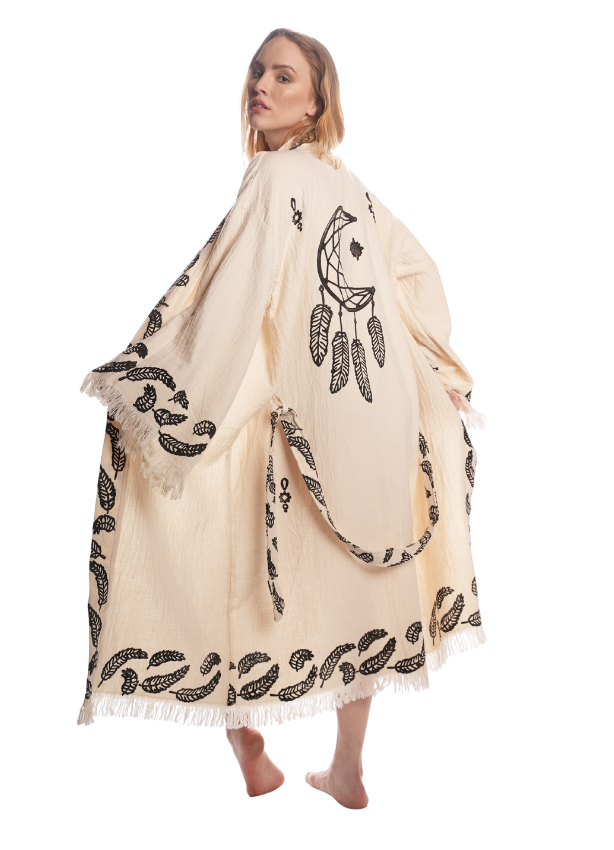 Back view of the Dreamcatcher Kimono showing the large woven dreamcatcher motif, organic Turkish cotton fabric, reversible boho design, lightweight unisex fit, handcrafted by Otantica Home in California-inspired neutral tones.