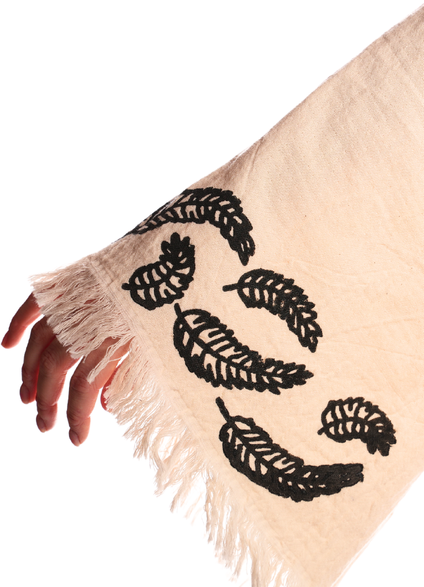 Detailed close-up of the Dreamcatcher Kimono sleeve featuring the black feather motif, textured jacquard cotton, tassel edges, and reversible boho craftsmanship highlighting premium handmade quality.