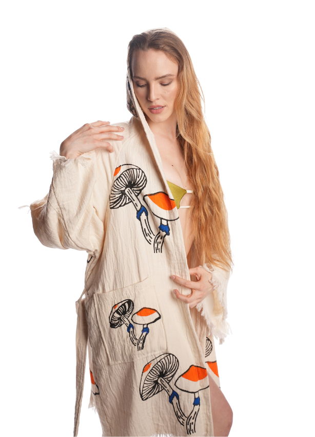 Festival-ready Mushroom Kimono styled with other Otantica organic cotton kimonos — unisex boho fashion.