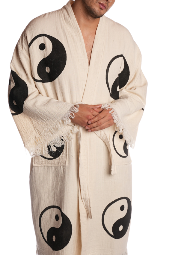 Organic cotton Yin Yang kimono, black and white reversible design, unisex boho kimono front view — Otantica Home.