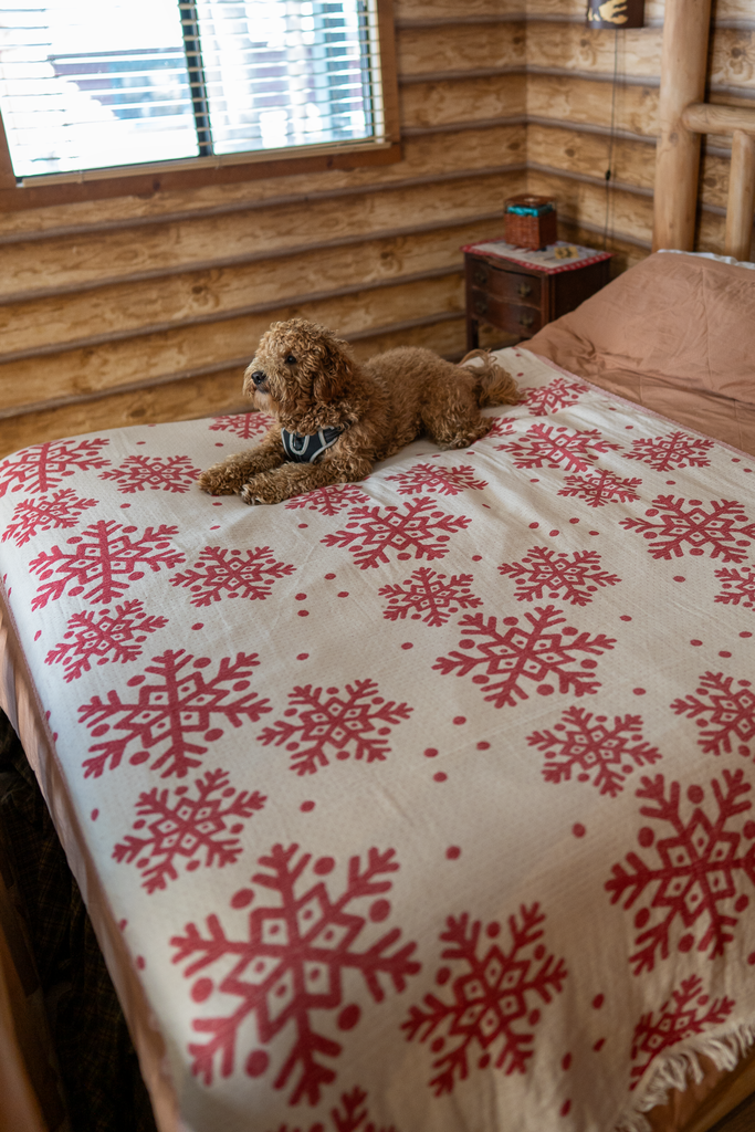 Otantica Home Xmas Snowflake Blanket Red & White — organic cotton Christmas bed throw with snowflake design, dog resting on cabin bed.