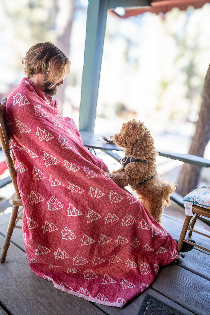 Person wrapped in a red reversible pine tree Christmas throw sitting on a wooden porch chair next to a dog, winter cabin setting.