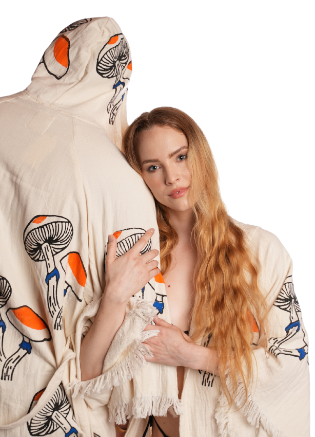 Unisex Mushroom Kimono styled for festivals — vibrant boho outfit made from soft organic Turkish cotton, perfect for travel and events.