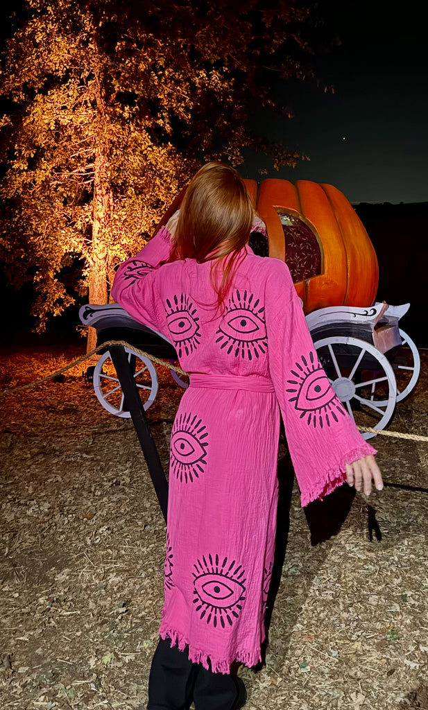 organic cotton kimono with pink evil eye pattern boho style